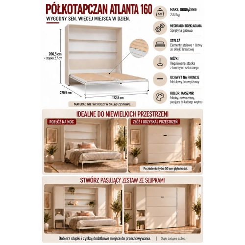 ŁÓŻKO Chowane w Szafie Składane PÓŁKOTAPCZAN ATLANTA 160 z Półkami KASZMIR-5